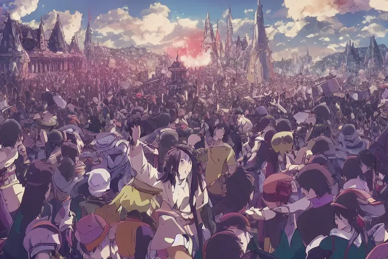 Image similar to cell shaded anime key visual of a fantasy battlefield, crowds of people, magic spells, in the style of studio ghibli, moebius, makoto shinkai, dramatic lighting