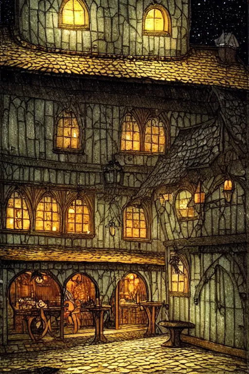 Prompt: medieval tavern exterior rainy night, shingled roof, dark alleyway, fantasy, intricate, elegant, highly detailed, digital painting, artstation, concept art, matte, sharp focus, illustration, art by kay nielsen and walter crane, illustration style, watercolor