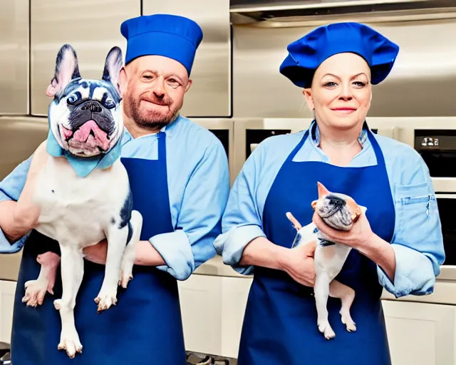 Image similar to a 8k highly detailed still photo by David Bailey of Two blue merle French Bulldogs in chef hats and aprons starring on a cooking show, a high end kitchen in the background