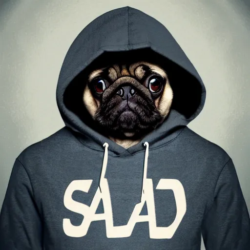 Image similar to a sad pug wearing a hoodie, the word'sad'is written on the hoodie in upper case letters, digital art, synthwave style, trending on artstation, matte painting, sticker