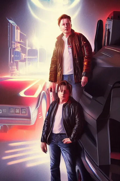 Image similar to elon musk as marty mcfly near delorean, realistic portrait, symmetrical, highly detailed, digital painting, artstation, concept art, smooth, sharp focus, illustration, cinematic lighting, art by artgerm and greg rutkowski and alphonse mucha