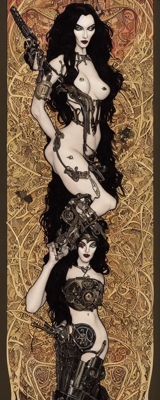 Image similar to a beautiful and captivating art nouveau heavy metal style portrait of morticia adams as an ironpunk rebel soldier by chris achilleos, chris bachalo and alphonse mucha, mixed media painting, photorealism, extremely hyperdetailed, perfect symmetrical facial features, perfect anatomy, ornate declotage, circuitry, technical detail, confident expression