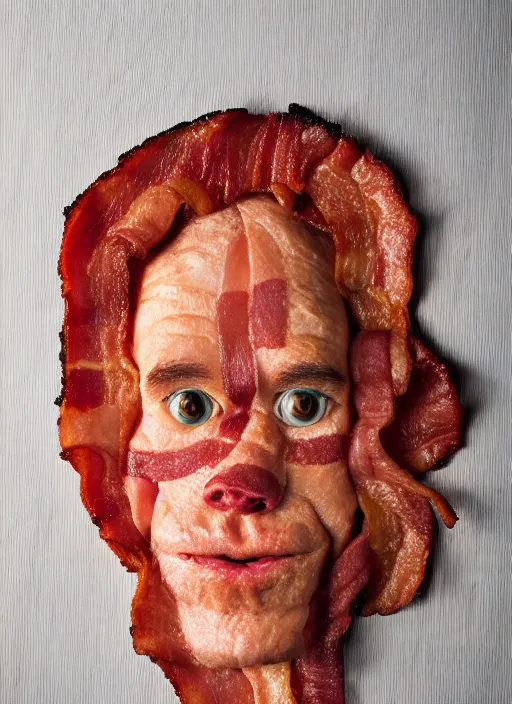 Image similar to bacon in the shape of a human face, human face made out of bacon, kevin bacon made out of bacon, professional food photography, unreal engine