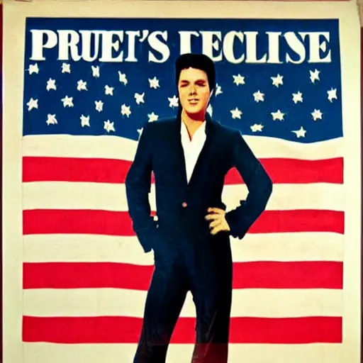 Image similar to campaign poster for elvis presley's presidential run, showing elvis in a suit standing in front of the american flag