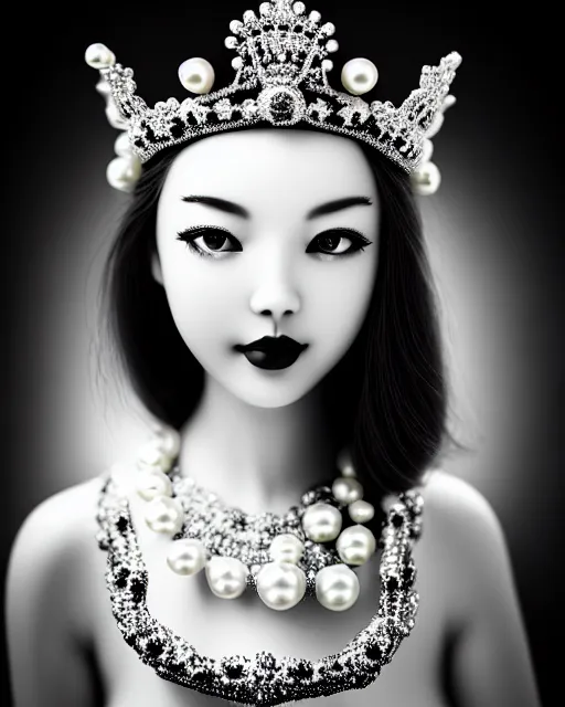 Image similar to black and white dreamy young beautiful crowned female artificial intelligence, crown is full of flowers and pearls, realistic pearl ornament in the face, long hair are intricate with highly detailed realistic pearls, cinematic, rim light, bokeh, photo - realistic, elegant, high detail, 8 k, masterpiece, photo taken in 1 9 3 0