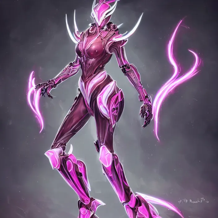 Image similar to highly detailed exquisite fanart, of a stunning beautiful female warframe, but as an anthropomorphic robot dragon, standing elegantly, shining reflective off-white plated armor, bright Fuchsia skin, sharp claws, full body shot, epic cinematic shot, realistic, professional digital art, high end digital art, DeviantArt, artstation, Furaffinity, 8k HD render, epic lighting, depth of field