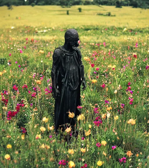 Image similar to mystical black death god figure standing in tall meadow of flowers, film photo, grainy, high detail, high resolution