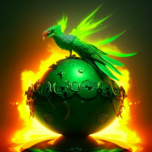 Image similar to little poisonous green phoenix climbs out of a broken big egg, peter mohrbacher style, ray tracing, cinematic, digital art, realistic, octane render