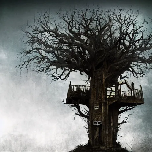 Prompt: tree house, post - apocalyptic, dark fantasy, liminal space, dark paradise, digital art