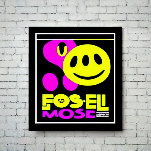 Image similar to acid house rave flyer, poster, smiley face, florescent yellow and black