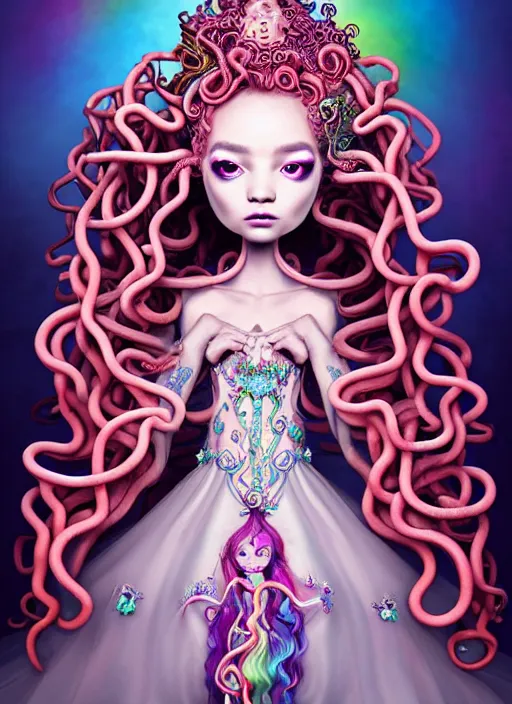 Prompt: A full body shot of a cute and mischievous young monster princess with hair made of tentacles wearing an ornate gown. Dynamic Pose. Quinceanera dress. Rainbow palette. rainbowcore. Eldritch Beauty. defined facial features, symmetrical facial features. Opalescent surface. beautiful lighting. By Giger and Ruan Jia and Artgerm and WLOP and William-Adolphe Bouguereau. Hyper-real. Fantasy Illustration. Masterpiece. trending on artstation, featured on pixiv, award winning, cinematic composition, dramatic pose, sharp, details, Hyper-detailed, HD, HDR, 4K, 8K.