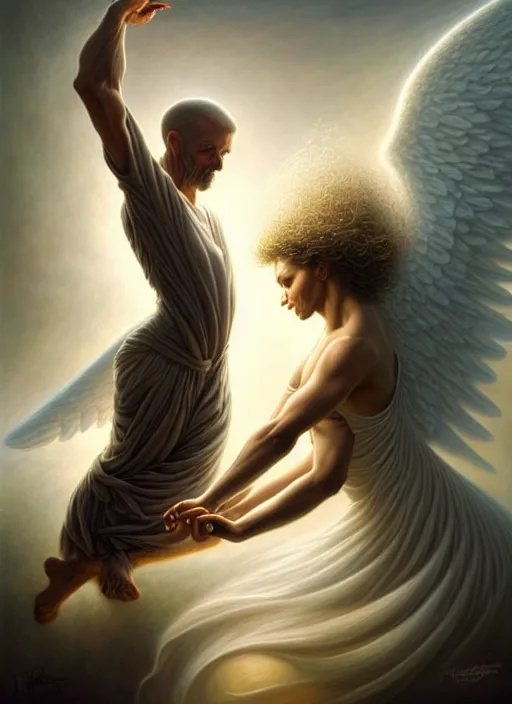 Prompt: man dancing with an angel, fine art, intricate, elegant, highly detailed, realistic hair, centered, digital painting, art station, conceptual art, soft, sharp focus, illustration, artwork, artgerm, tomasz alen kopera, peter mohrbacher, donato giancola, wlop, boris vallejo