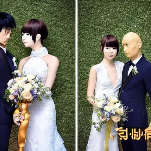 Image similar to saitama one punch man instagram couple's wedding photo shoot, closeup photo