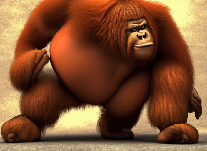 Image similar to extremely intimidating angry tough looking sumo wrestler orangutan. japanese warrior character, scary, gruffness, interesting 3 d character concept by square enix, in the style of league of legends, hyper detailed, cinematic, final fantasy, character concept, ray tracing, fur details, portly, maya, c 4 d, artstation