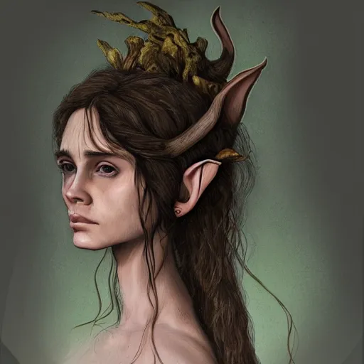 Prompt: a contemplative figure study of forest elf girl with deerlike ears and dark curly mane down her back, hope sandoval, stephanie leonidas, helena bonham carter, trending on artstation