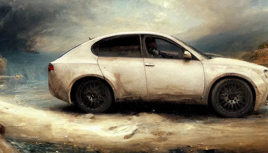 Image similar to highly detailed painting of cute furry white baby seals on a compact japanese drift car by william turner, by greg rutkowski, by william constable, thick brush strokes and visible paint layers, 4 k resolution