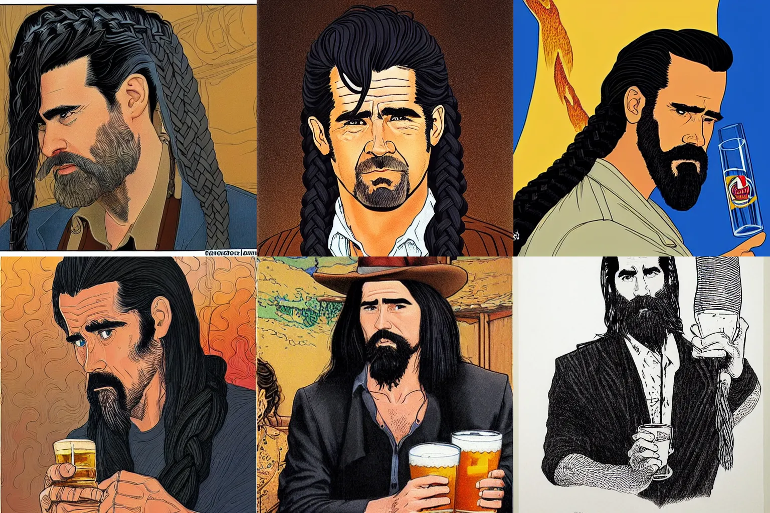 Prompt: Jean Giraud art long black two braided beard thick eyebrows colin farrell with black hair drinking a pint of beer