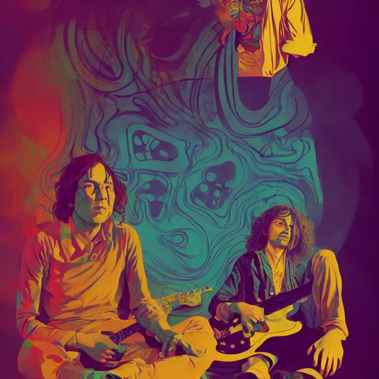 Image similar to duotone trippy 1 9 6 0 s lsd concept illustration portrait of a hippy rock musician. studio scene. volumetric lighting. golden ratio accidental renaissance. by sachin teng and sergey kolesov and ruan jia and heng z. graffiti art, scifi, fantasy, hyper detailed. octane render. concept art. trending on artstation.