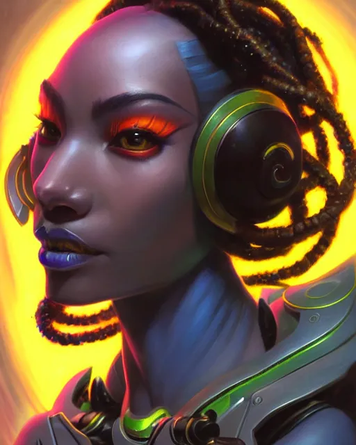 Image similar to sojourn from overwatch, bust, dreadlocks, gray hair, cyborg eyes, fantasy, fantasy art, fantasy, colorful, elegant, character portrait, portrait, close up, highly detailed, intricate detail, amazing detail, sharp focus, vintage fantasy art, vintage sci - fi art, radiant light, caustics, by boris vallejo