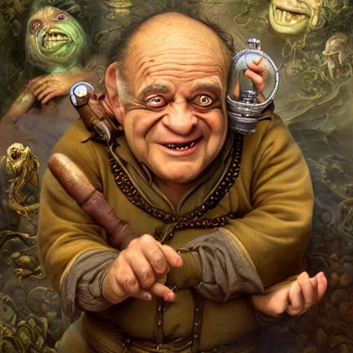 Image similar to Danny Devito as Mystical Gollum, Realistic, Regal, Refined, Detailed Digital Art, Michael Cheval, Walt Disney (1937), François Boucher, Oil Painting, Steampunk, Highly Detailed, Cinematic Lighting, Unreal Engine, 8k