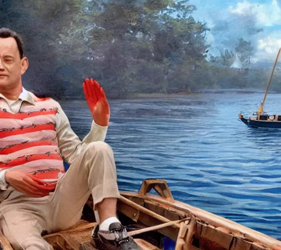 Image similar to Tom hanks as forrest gump sitting in a giant shrimp boat, majestic beautiful world, realism painting, amazing detail