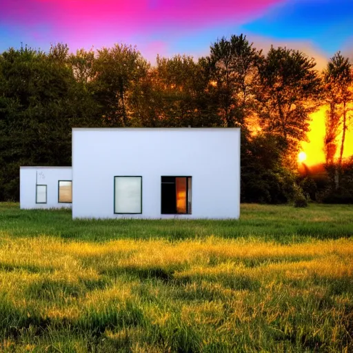 Prompt: a translucent house in a meadow at sunset