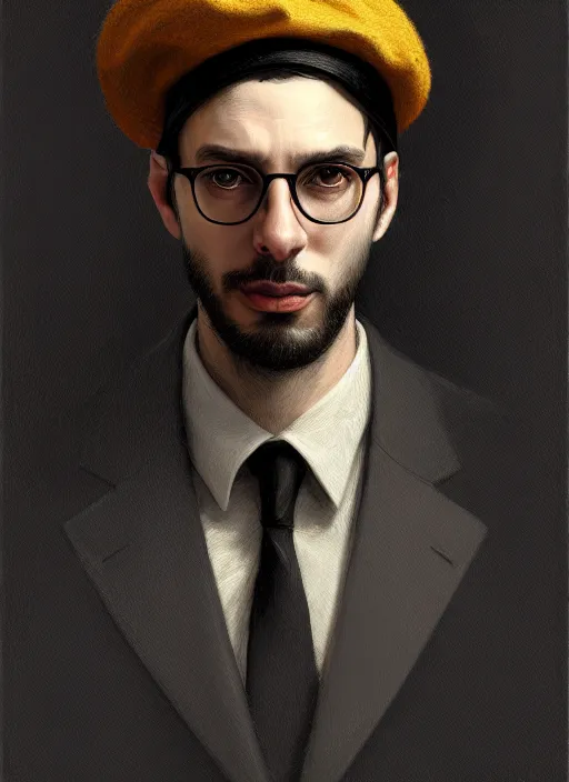 Prompt: portrait of a male italian artist wearing a beret and glasses, anxiety and depression, intricate, elegant, highly detailed, digital painting, dark background, artstation, concept art, smooth, sharp focus, illustration, by greg rutkowski
