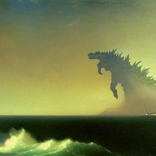 Image similar to godzilla on the coast painting by aivazovsky