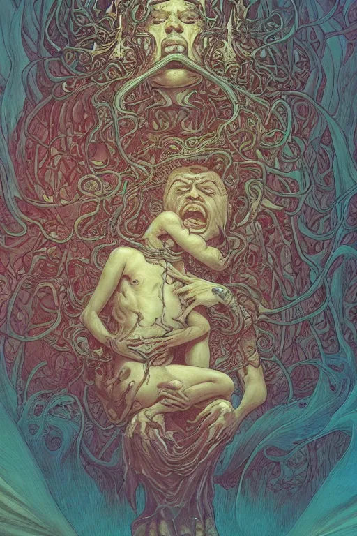 Image similar to cthulhu and a young chubby mexican man with curly hair, by artgerm and yoshitaka amano and moebius and hr giger and zdislaw beksinski and alphonse mucha, hyperdetailed, symmetry, glamour, surreal, dc comics, ornate, stunning, nebula, explosions in the sky, trending on artstation