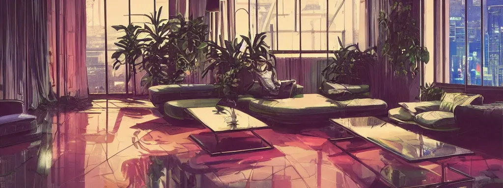 Prompt: concept art, night time retro - futurist penthouse, reflections, moody, designer furniture, high ceiling, 6 0 s colour palette, plants, flowers, floor lamps, multi - level, soft lighting, city view, bladerunner, james jean, syd mead, akihiko yoshida, cinematic