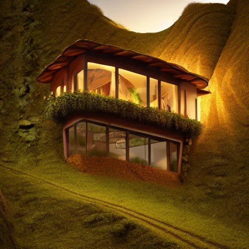 Prompt: small hillside house made of honey, modern lighting, hyper - realistic, hyper - detailed, 8 k, octane rendered, art nouveau, organic, flowing, impossible torsion, writhing, lush, dynamic