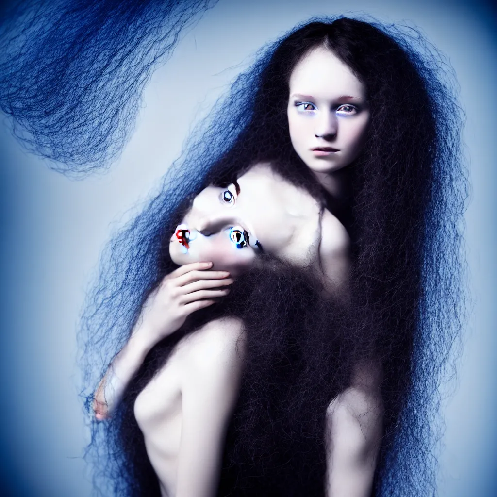 Image similar to High detatiled close-up of a young woman with long dark curly hair dressed in long white, fine art photography light painting by Paolo Roversi, professional studio lighting, dark blue background, hyper realistic photography, fashion magazine style