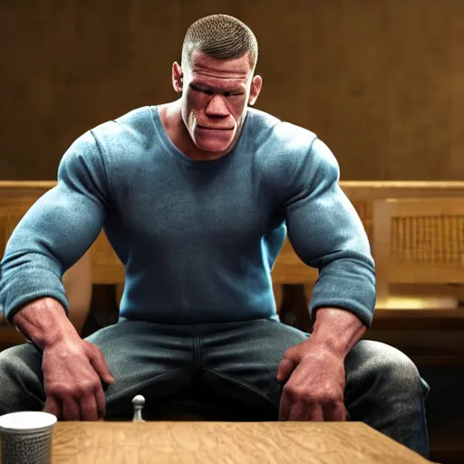 Prompt: john cena sitting at a table breaking down and crying about the fact that his social credit score has gone down for the 5 0 th time this week realistic hyperrealistic 4 k resolution 8 k resolution highly detailed very detailed extremely detailed hd quality detailed face very detailed face extremely detailed face trending on artstation