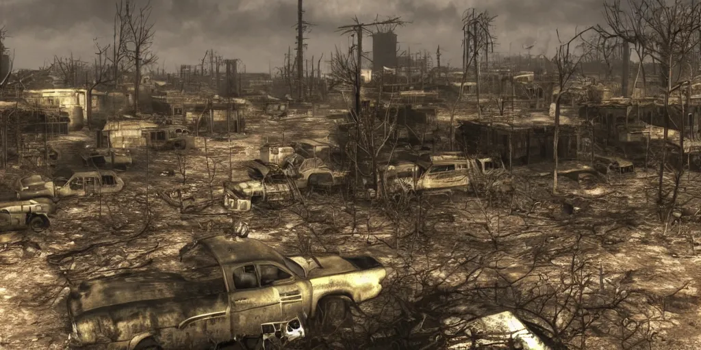 Image similar to nuclear fallout wasteland, dark future