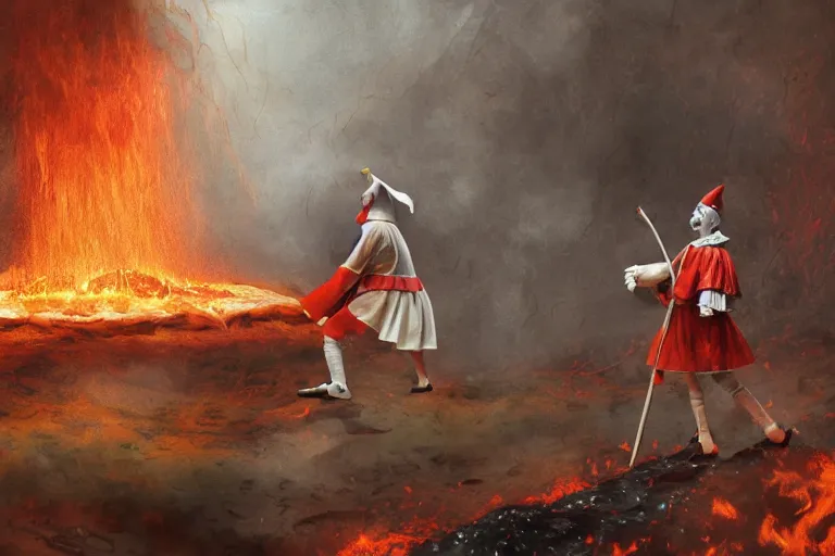 Image similar to pennywise as pulcinella! making pizza, in the backgroun vesuvius spewing lava, by esao andrews, by james jean, post - apocalyptic, hyperrealistic, big depth of field, black sky, glowing pools of lava, 3 d octane render, 4 k, conceptart, masterpiece, hyperrealistic, trending on artstation