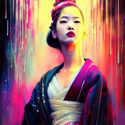 Image similar to blackpink, hyperrealistic portrait of a geisha wearing a colorful kimono, bladerunner street, by karol bak and agnes cecile, fantasy art, photo realistic, dynamic lighting, artstation, poster, volumetric lighting, very detailed face, intricate complexity, rule of thirds, 8 k, award winning