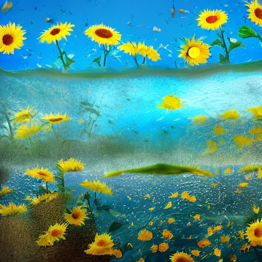 Prompt: sunflowers under seas, matte painting, 4 k