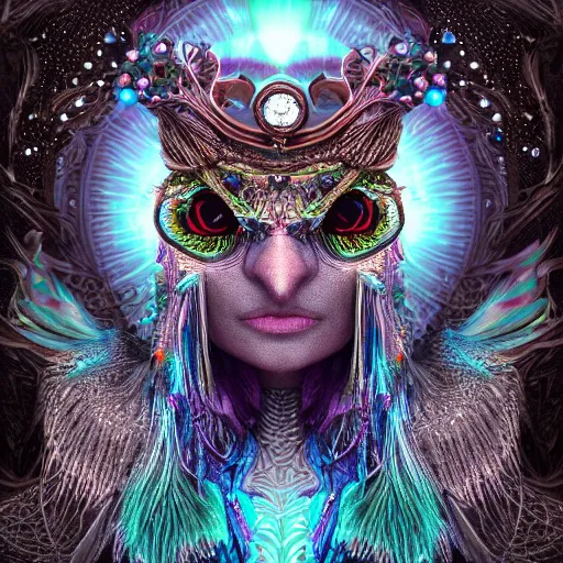 Prompt: detailed portrait of a alien magical owl, wearing a diamond crown, glowing feathers, halfway through, hyper detailed, stylistic, symmetrical, ethereal bohemian, detailed render, hdr, octane render