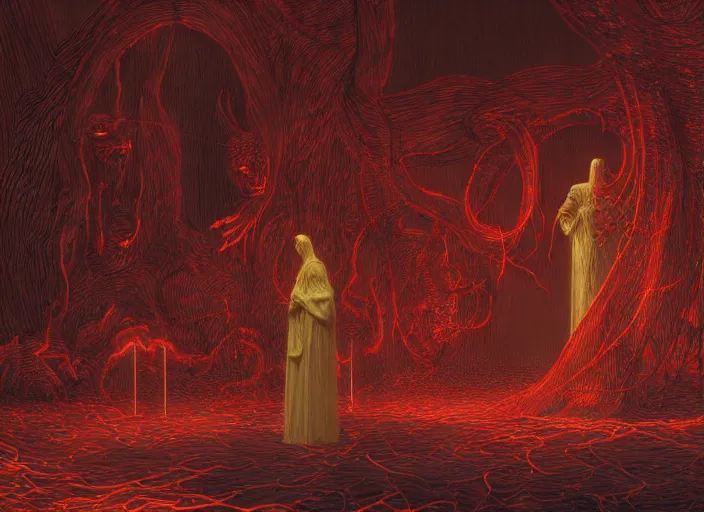 Image similar to satanic ritual, summoning the devil, neon, they are watching, RGB, glowing wires everywhere, pristine, by Edgar Maxence and Ross Tran, Zdzisław Beksiński, and Michael Whelan, distant, gustav dore, H.R. Giger, 8k, octane render