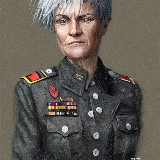 Prompt: portrait of the woman called ss - kerstin. she is 6 0 years old and has strange short spiky gray hair. she is the general of the german army. detailed digital art by greg rutkowski, thomas kinkade and keith parkinson, artstation, cgsociety, 8 k, hd