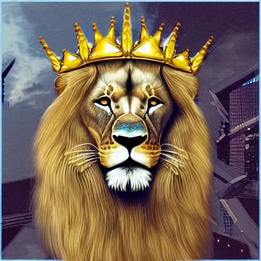 Prompt: lion with crown, cyberpunk