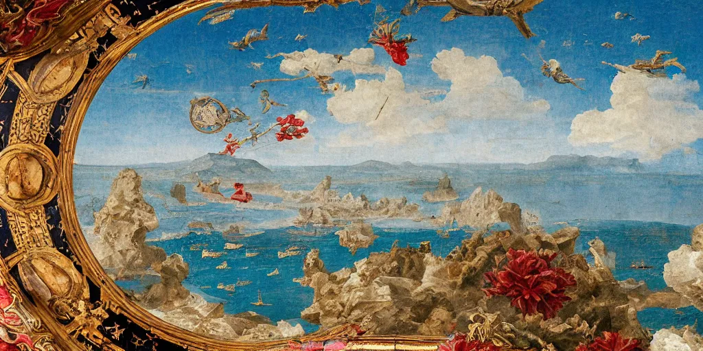 Prompt: tilt shift, gulf of Naples, Pompeian, Atene, italian masterpiece, sky in background, wyvern, wind rose, Ashford Black Marble, sculpture, baroque, draped with red Hibiscus and vines and spines, marble and hint gold, space, stars, clouds, suns, moons, drapes, fruits, Obsidian, pomegranade, armour, medieval globe, glass, portrait, mage, centaur, siren, lion, chariot, snails, render, artstation, ultra detailed