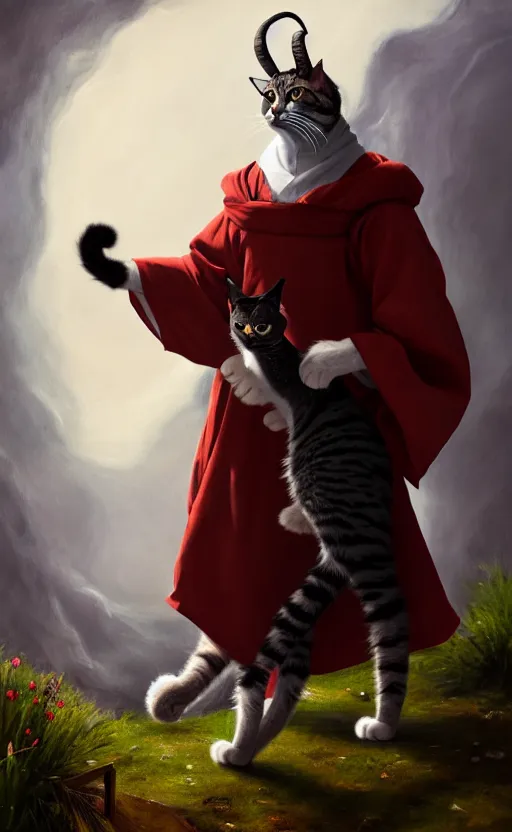 Prompt: a bipedal cat that has goat horns, anthropomorphic cat that is wearing robes, oil painting, by diego velazquez, dnd, character reveal, cosmic, magical, fog, noble, full body portrait, intricate, extremely detailed, cult, ritual, 4 k, 8 k