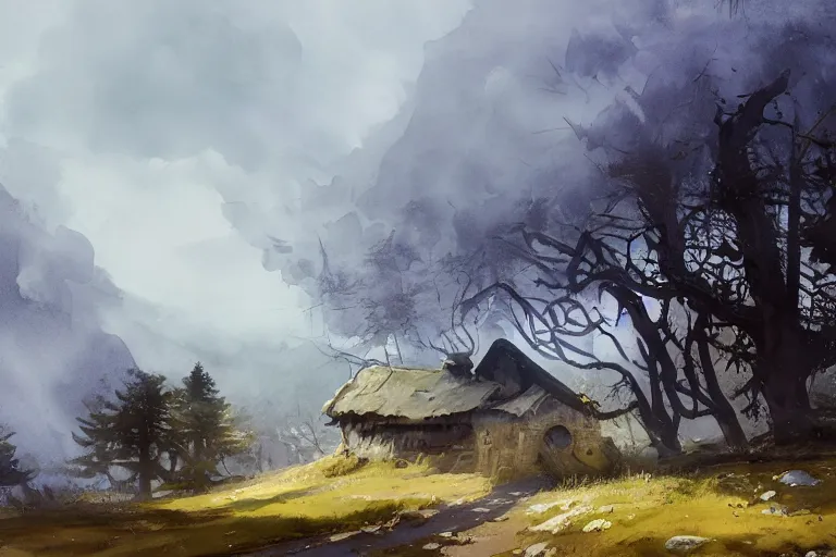 Prompt: paint brush strokes, abstract watercolor painting of rustic village fortress, pine trees, mysterious mythology, medieval straw roof, scandinavian viking age, fog, ambient lighting, art by hans dahl, by jesper ejsing, art by anders zorn, wonderful masterpiece by greg rutkowski, cinematic light, american romanticism by greg manchess, creation by tyler edlin