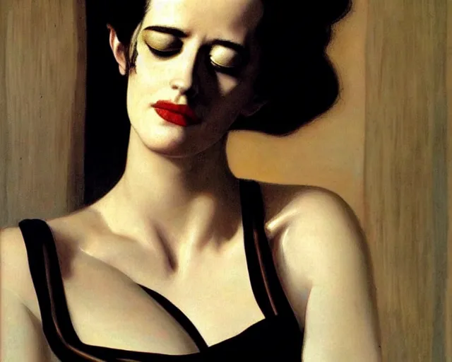 Prompt: portrait en buste of eva green in repose by Hughes Merle, perfectly detailed eyes, realistic fabric, abundant detail