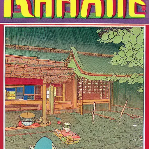 Prompt: 1979 magazine cover depicting a traditional Japanese village. Art in the style of Moebius, cyberpunk, masterpiece