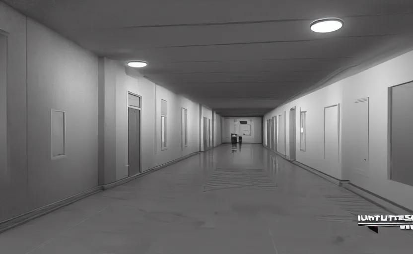 Prompt: screenshot of a first person shooter game on unreal engine 5, narrow modern hallways of a government office facility with white dry wall, photorealistic, retrofuturism