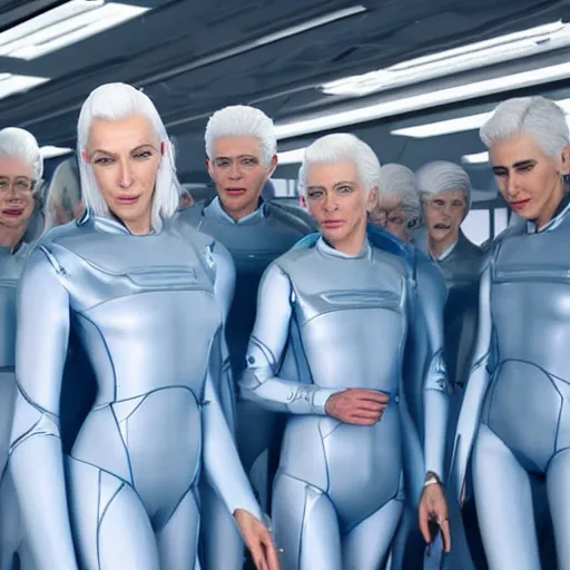 Image similar to troop of annie lennox women with white hair, white hair, tight light blue neopren suits, futuristic production facility, sci - fi, highly detailed, cinematic