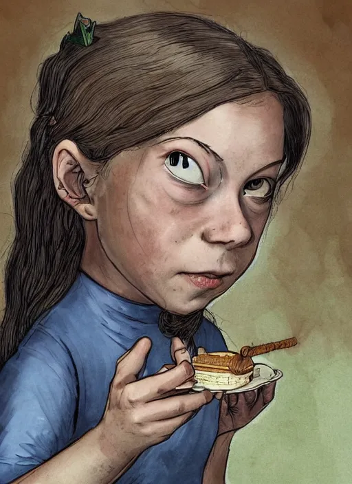 Image similar to greta thunberg as a medieval goblin eating cakes, detailed digital art, trending on Artstation