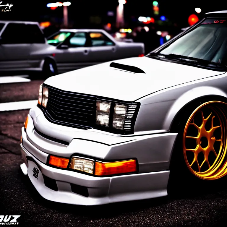 Image similar to close-up-photo JZX100 turbo illegal night meet, work-wheels, Shibuya shibuya, roadside, cinematic color, photorealistic, deep dish wheels, highly detailed, custom headlights